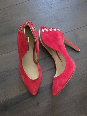 BCBGeneration Red Suede Pointed-Toe Stiletto Heels‎ with Sliver Accents